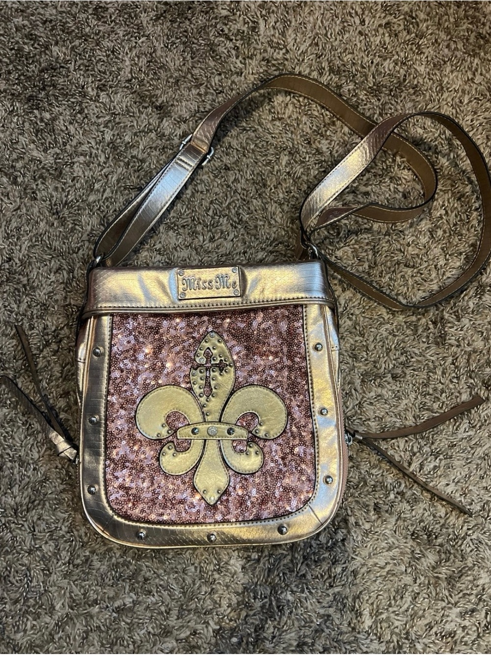 Miss Me Pink Sequin Crossbody with Gold Trim